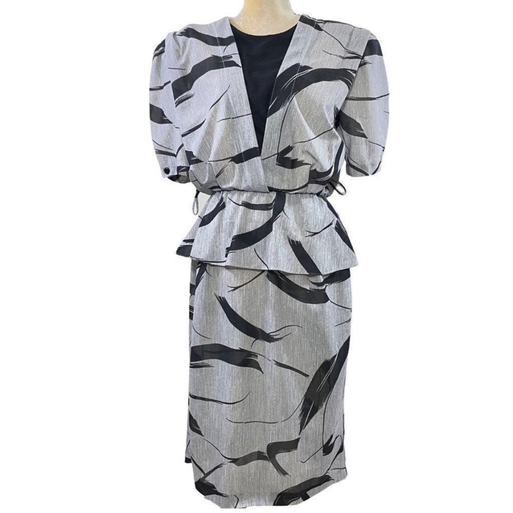 80s Does 40s Vintage Fredericks of Hollywood Gray and Black Dress with Peplum